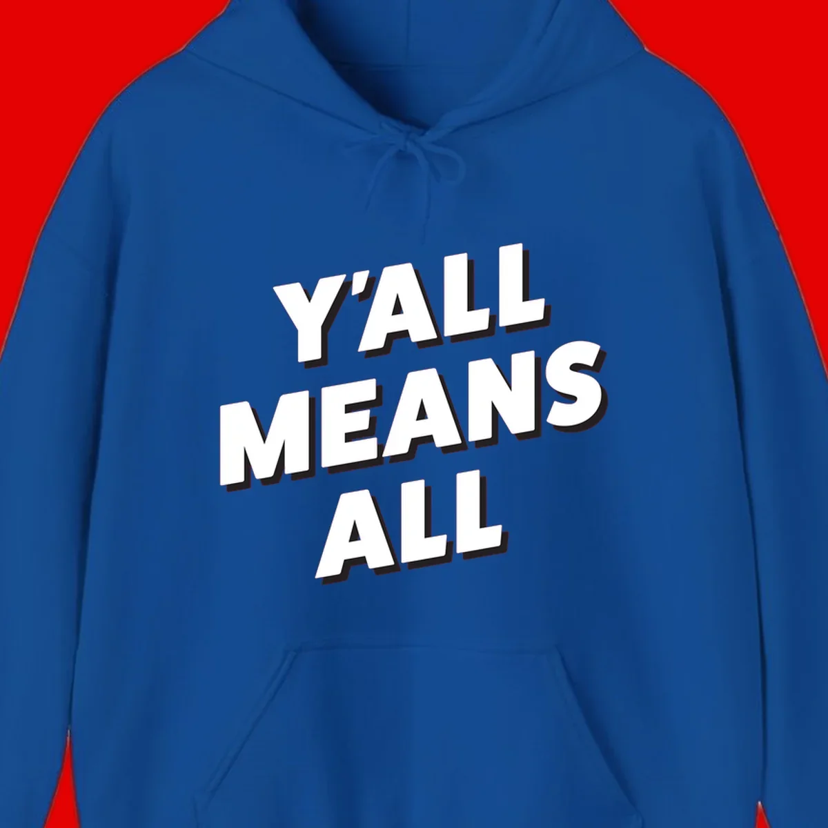 Bold 3D typography design reading 'Y'ALL MEANS ALL' in white letters with black shadow effect, promoting inclusivity and belonging