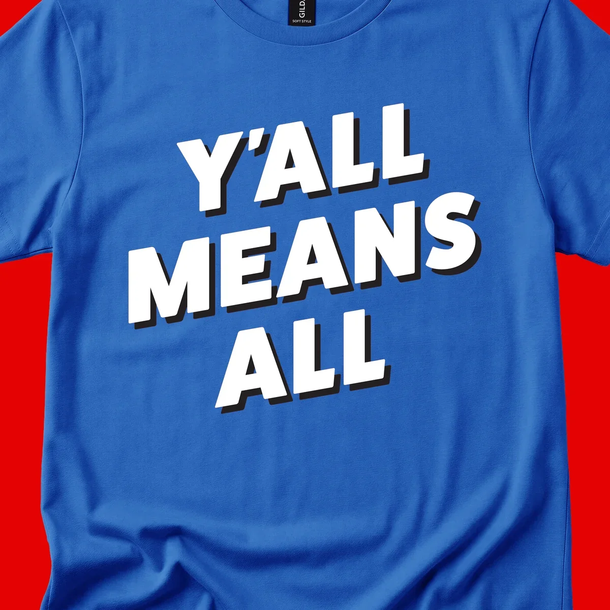 Bold 3D typography design reading 'Y'ALL MEANS ALL' in white letters with black shadow effect, promoting inclusivity and belonging