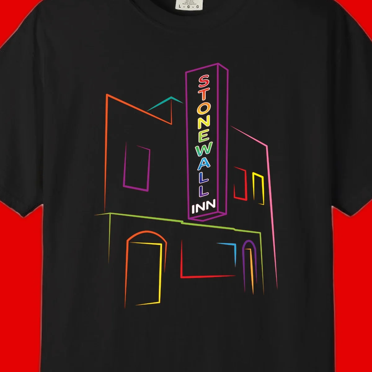 Stonewall Inn neon sign illustration in rainbow colors with building outline and colorful window frames
