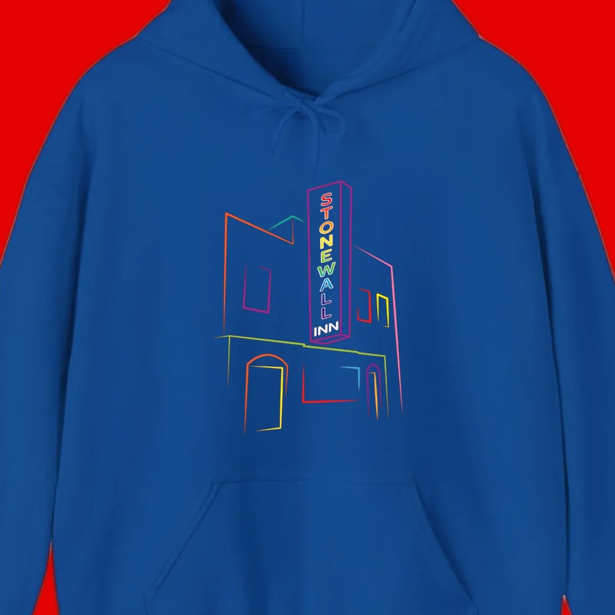 Stonewall Inn neon sign illustration in rainbow colors with building outline and colorful window frames