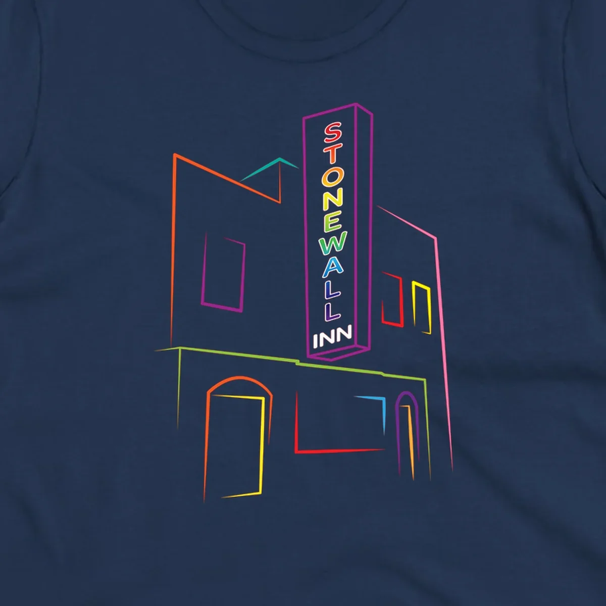 Stonewall Inn neon sign illustration in rainbow colors with building outline and colorful window frames