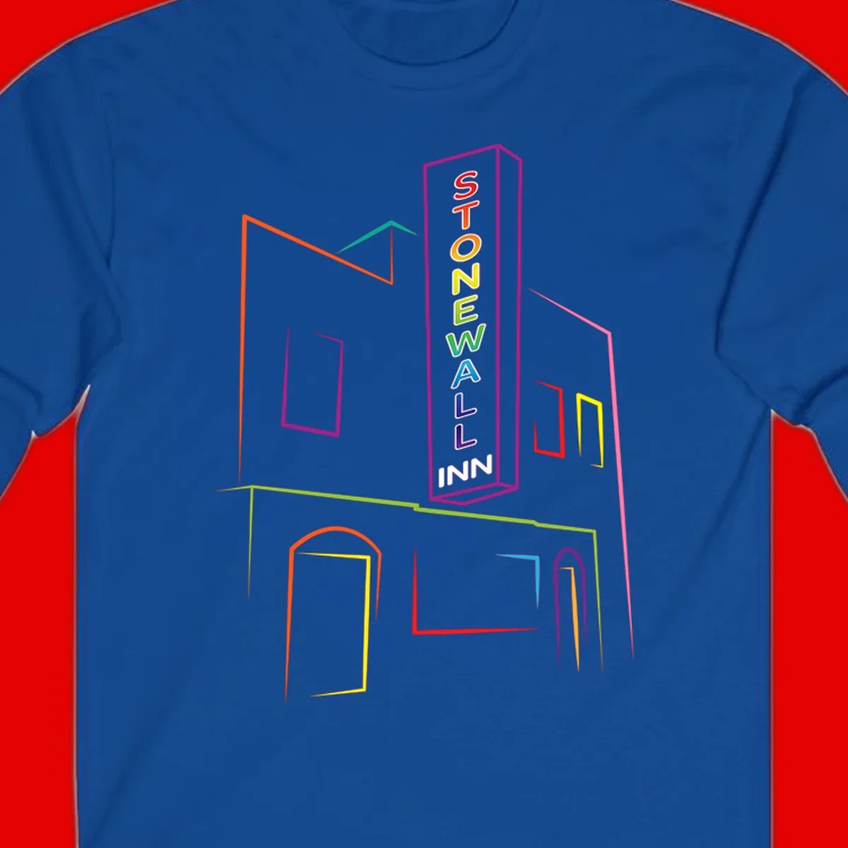 Stonewall Inn neon sign illustration in rainbow colors with building outline and colorful window frames
