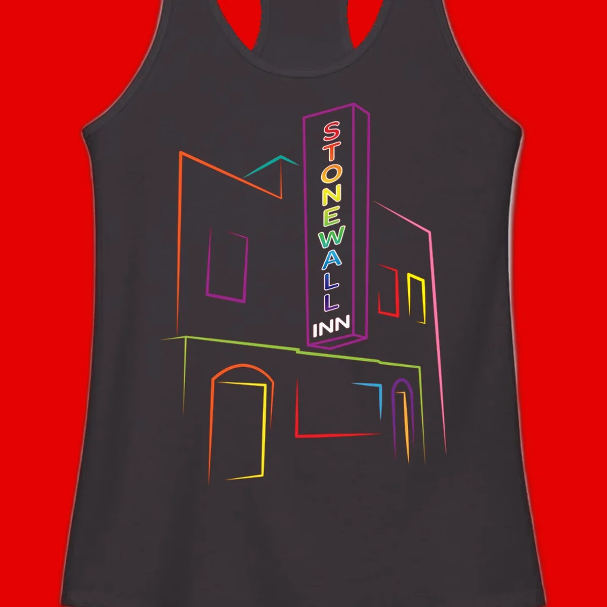 Stonewall Inn neon sign illustration in rainbow colors with building outline and colorful window frames