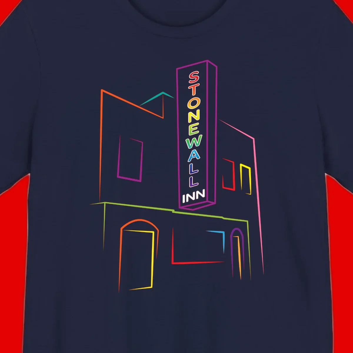 Stonewall Inn neon sign illustration in rainbow colors with building outline and colorful window frames