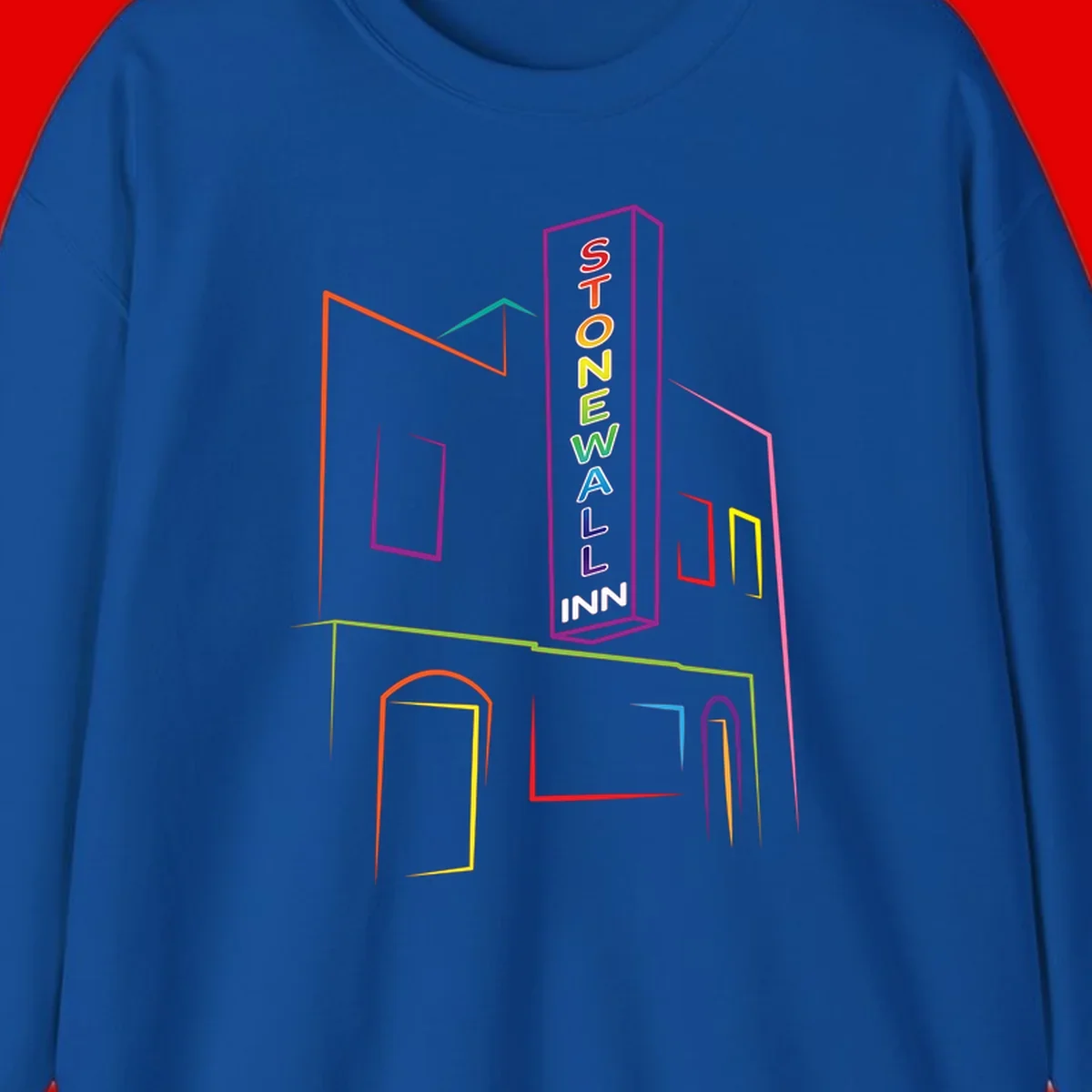 Stonewall Inn neon sign illustration in rainbow colors with building outline and colorful window frames