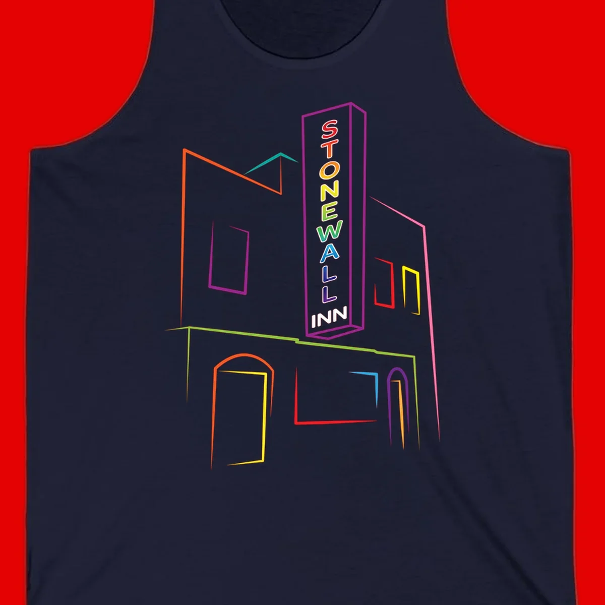 Stonewall Inn neon sign illustration in rainbow colors with building outline and colorful window frames
