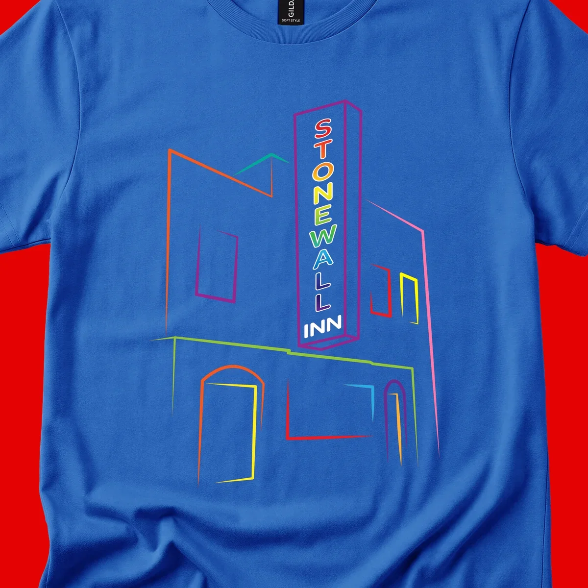 Stonewall Inn neon sign illustration in rainbow colors with building outline and colorful window frames