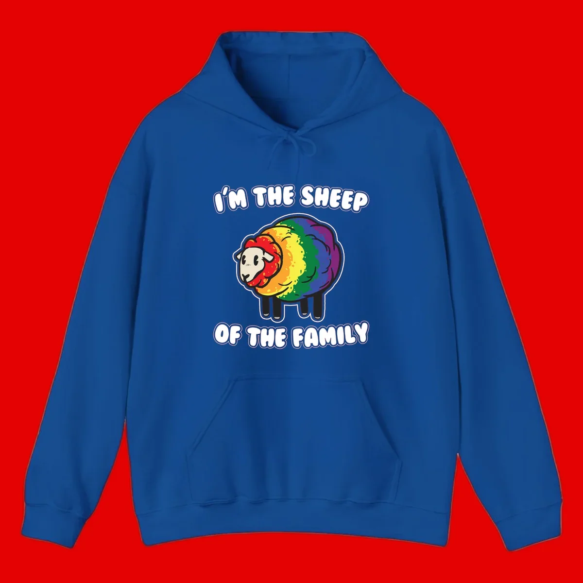 Cartoon rainbow sheep with pride flag colors wool and text reading 'I'm The Sheep Of The Family'