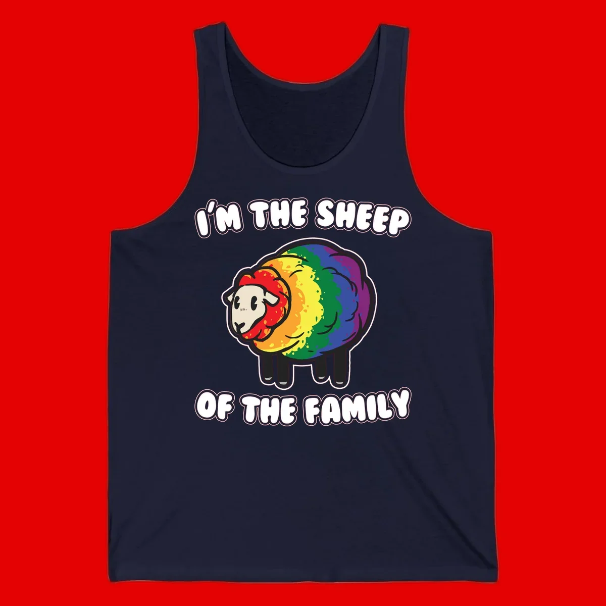 Cartoon rainbow sheep with pride flag colors wool and text reading 'I'm The Sheep Of The Family'