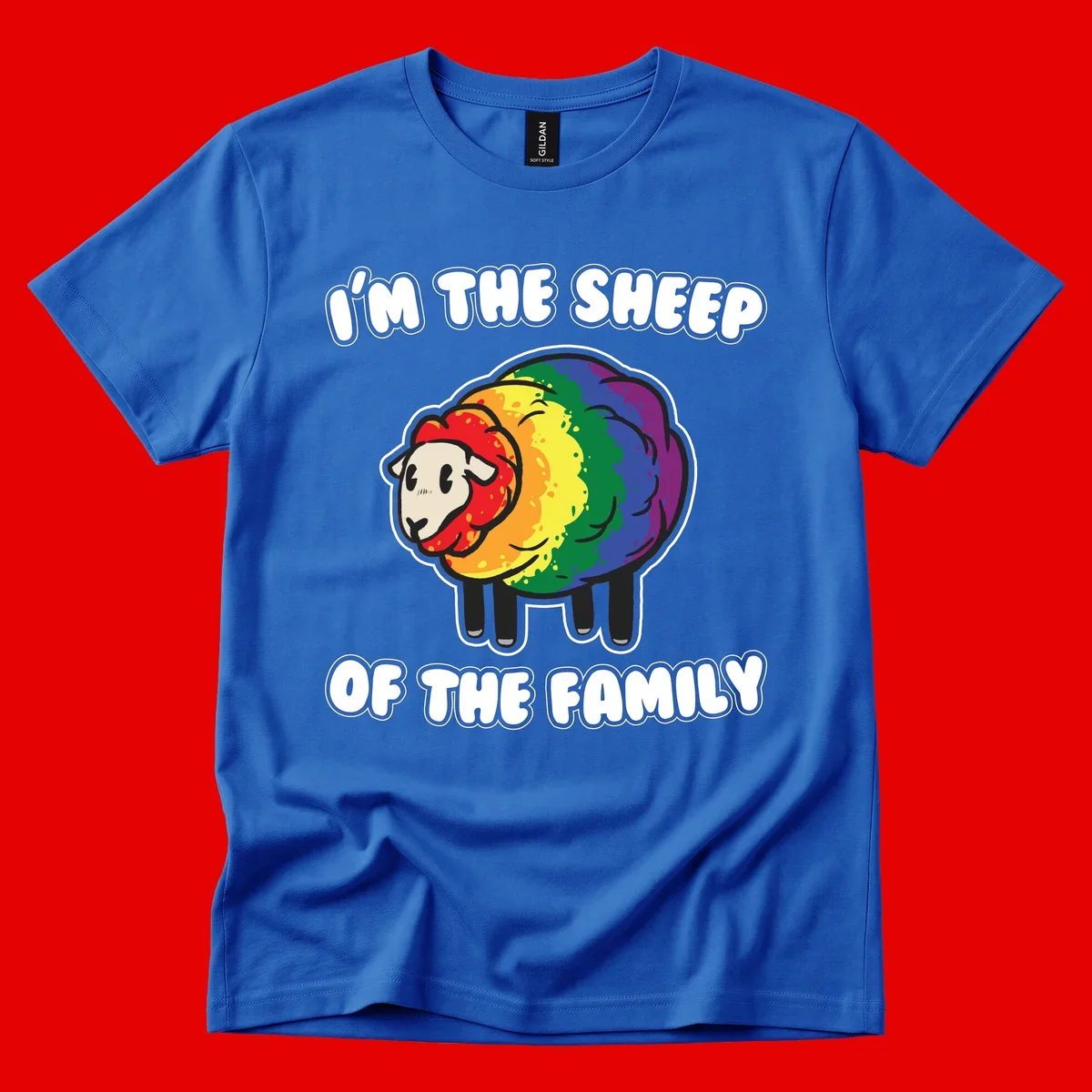 Cartoon rainbow sheep with pride flag colors wool and text reading 'I'm The Sheep Of The Family'