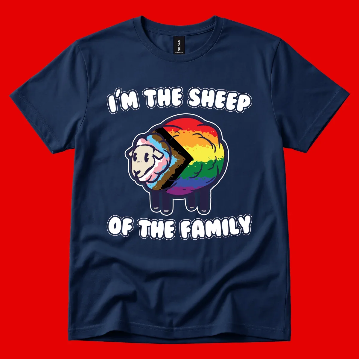 Cartoon sheep filled with rainbow and progress pride flag colors with text 'I'm the sheep of the family'