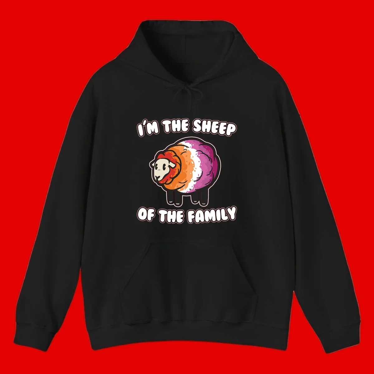Colorful cartoon sheep with rainbow wool stripes and text 'I'm The Sheep Of The Family' on gray background