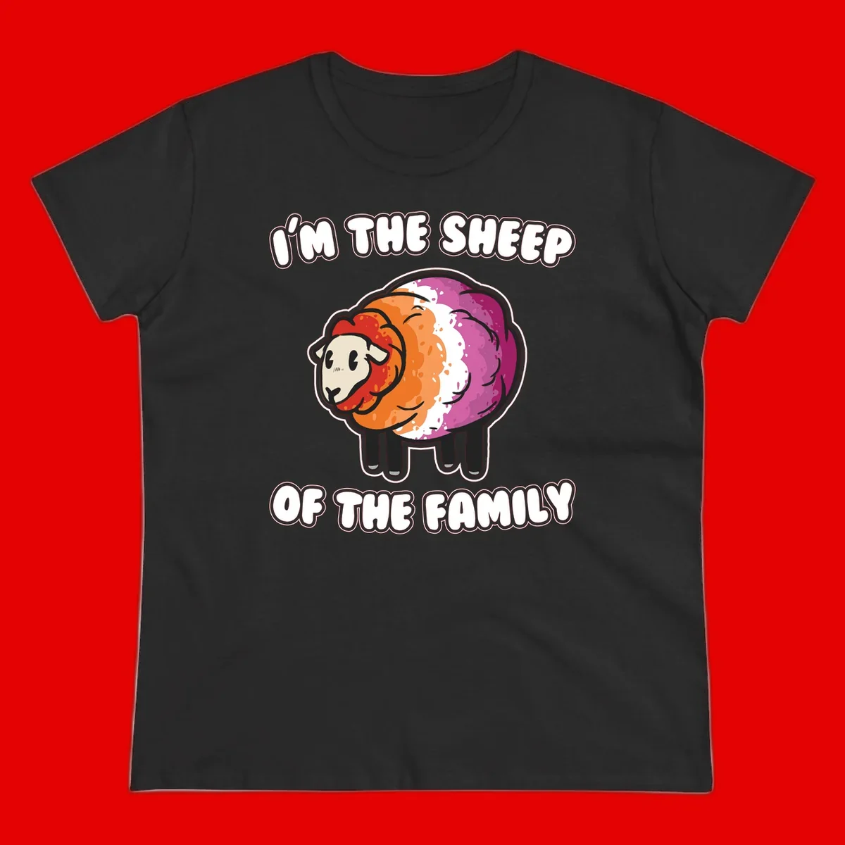 Colorful cartoon sheep with rainbow wool stripes and text 'I'm The Sheep Of The Family' on gray background