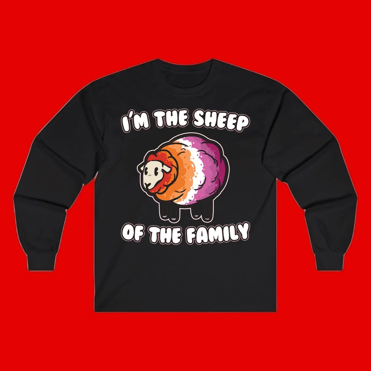 Colorful cartoon sheep with rainbow wool stripes and text 'I'm The Sheep Of The Family' on gray background