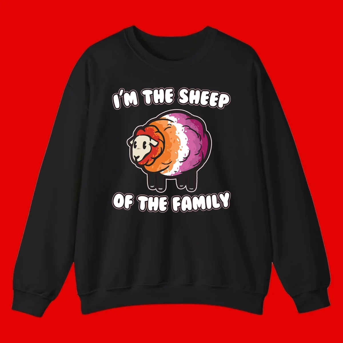 Colorful cartoon sheep with rainbow wool stripes and text 'I'm The Sheep Of The Family' on gray background