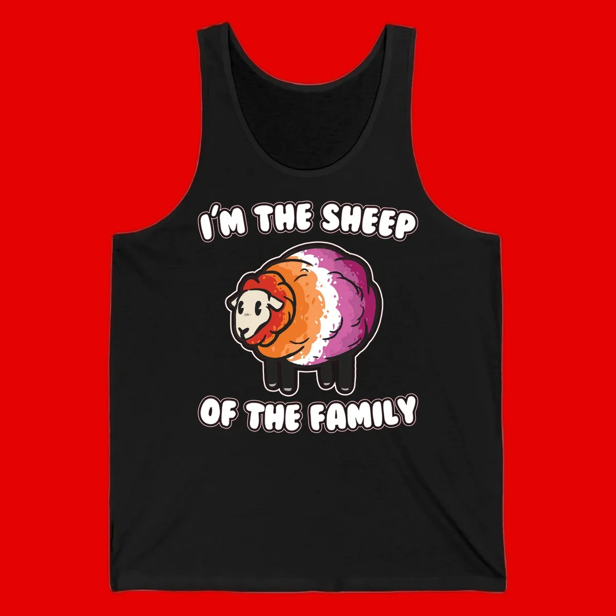 Colorful cartoon sheep with rainbow wool stripes and text 'I'm The Sheep Of The Family' on gray background