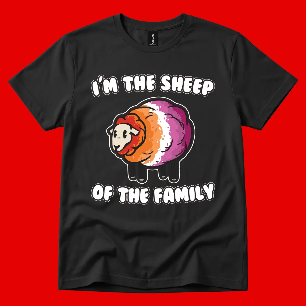 Colorful cartoon sheep with rainbow wool stripes and text 'I'm The Sheep Of The Family' on gray background