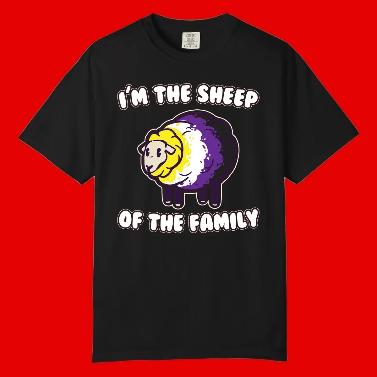 Cartoon sheep with yellow, white, and purple wool wearing text 'I'm The Sheep Of The Family' in bold letters