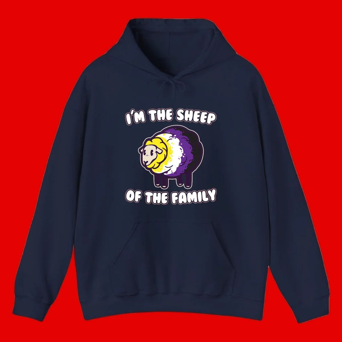 Cartoon sheep with yellow, white, and purple wool wearing text 'I'm The Sheep Of The Family' in bold letters