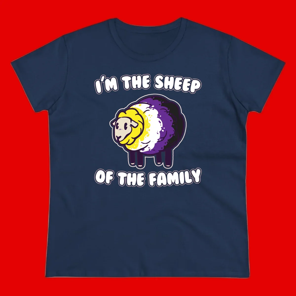 Cartoon sheep with yellow, white, and purple wool wearing text 'I'm The Sheep Of The Family' in bold letters