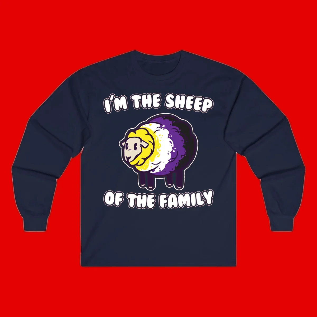Cartoon sheep with yellow, white, and purple wool wearing text 'I'm The Sheep Of The Family' in bold letters