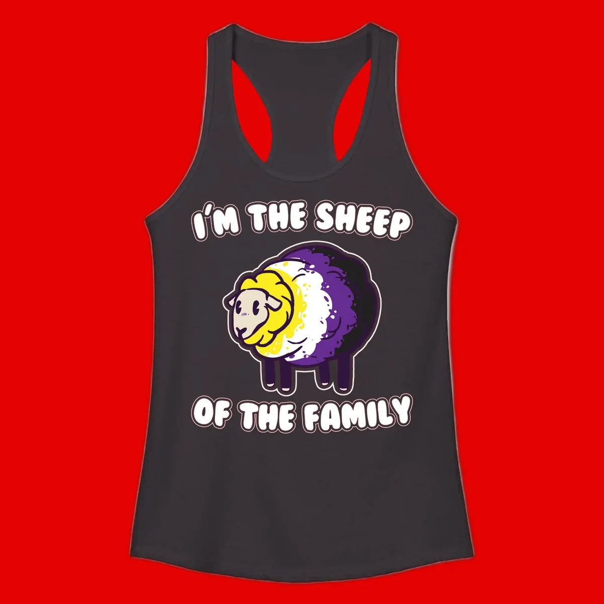 Cartoon sheep with yellow, white, and purple wool wearing text 'I'm The Sheep Of The Family' in bold letters