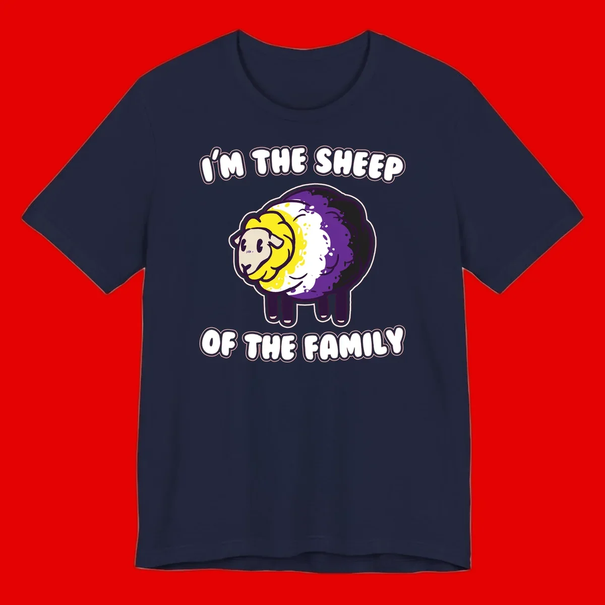 Cartoon sheep with yellow, white, and purple wool wearing text 'I'm The Sheep Of The Family' in bold letters