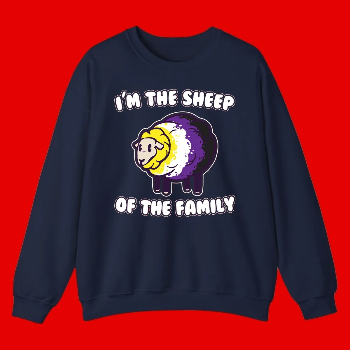 Cartoon sheep with yellow, white, and purple wool wearing text 'I'm The Sheep Of The Family' in bold letters