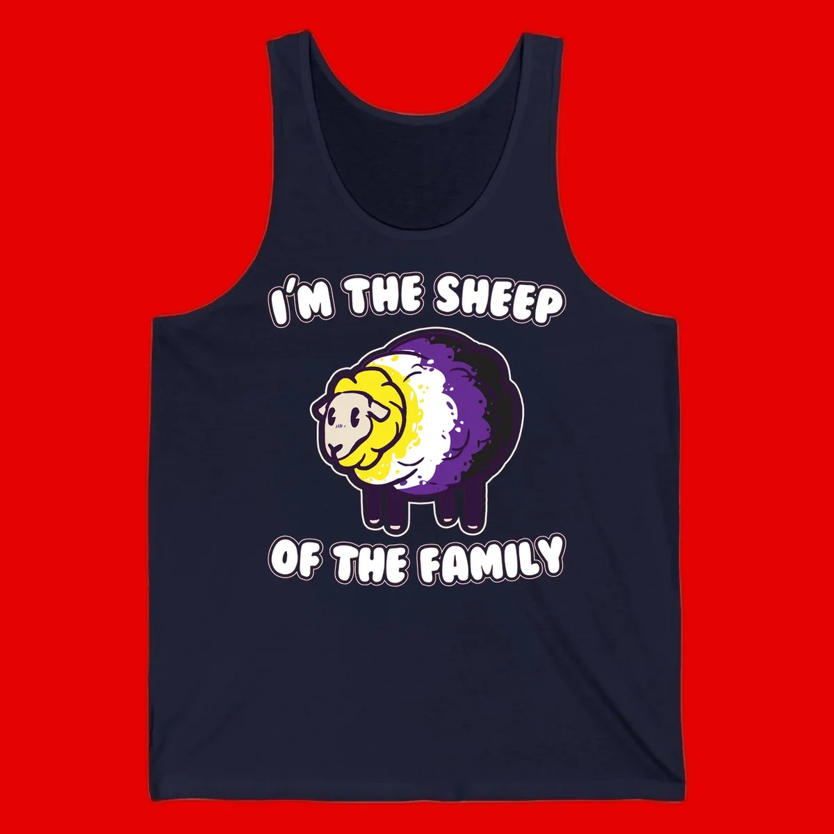 Cartoon sheep with yellow, white, and purple wool wearing text 'I'm The Sheep Of The Family' in bold letters