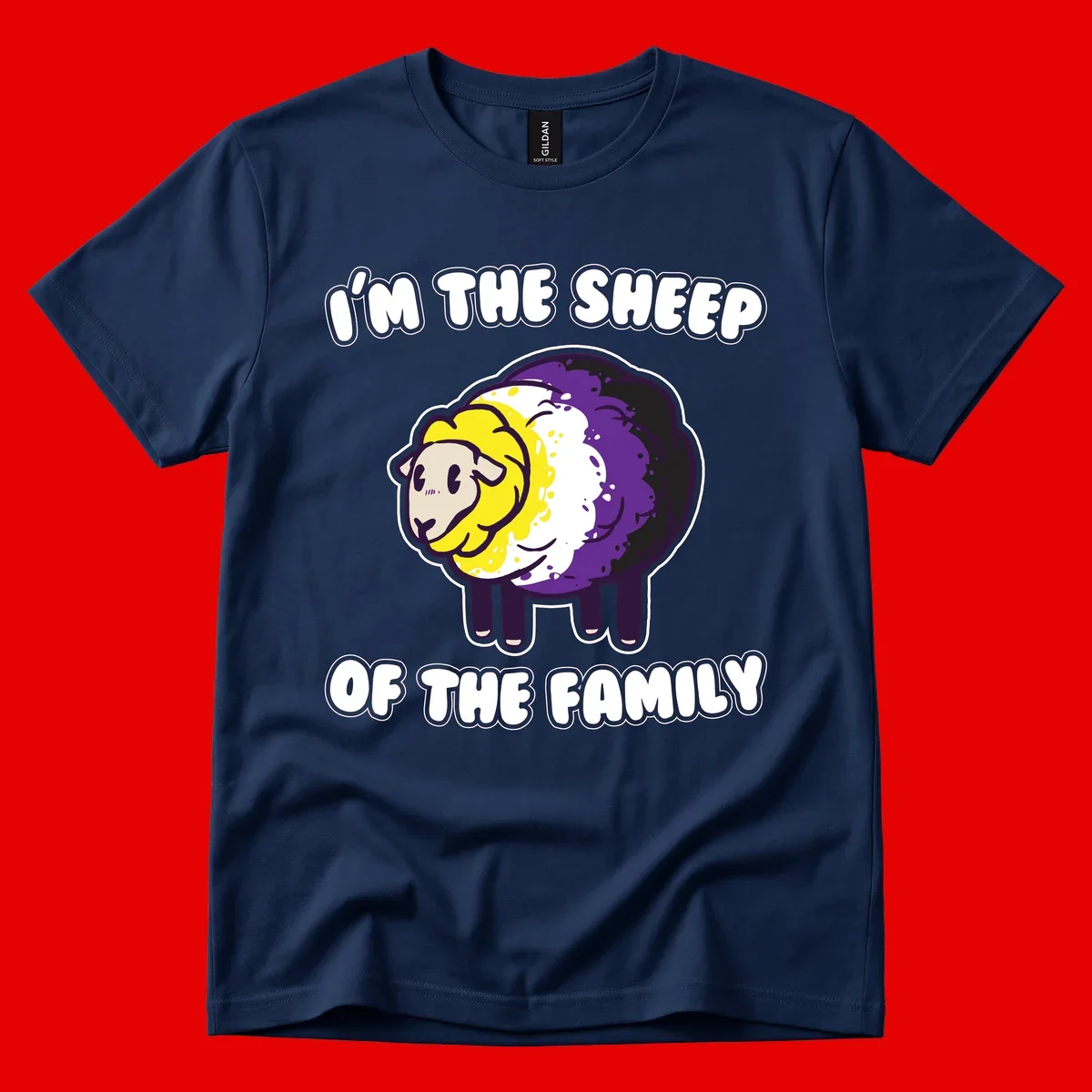 Cartoon sheep with yellow, white, and purple wool wearing text 'I'm The Sheep Of The Family' in bold letters