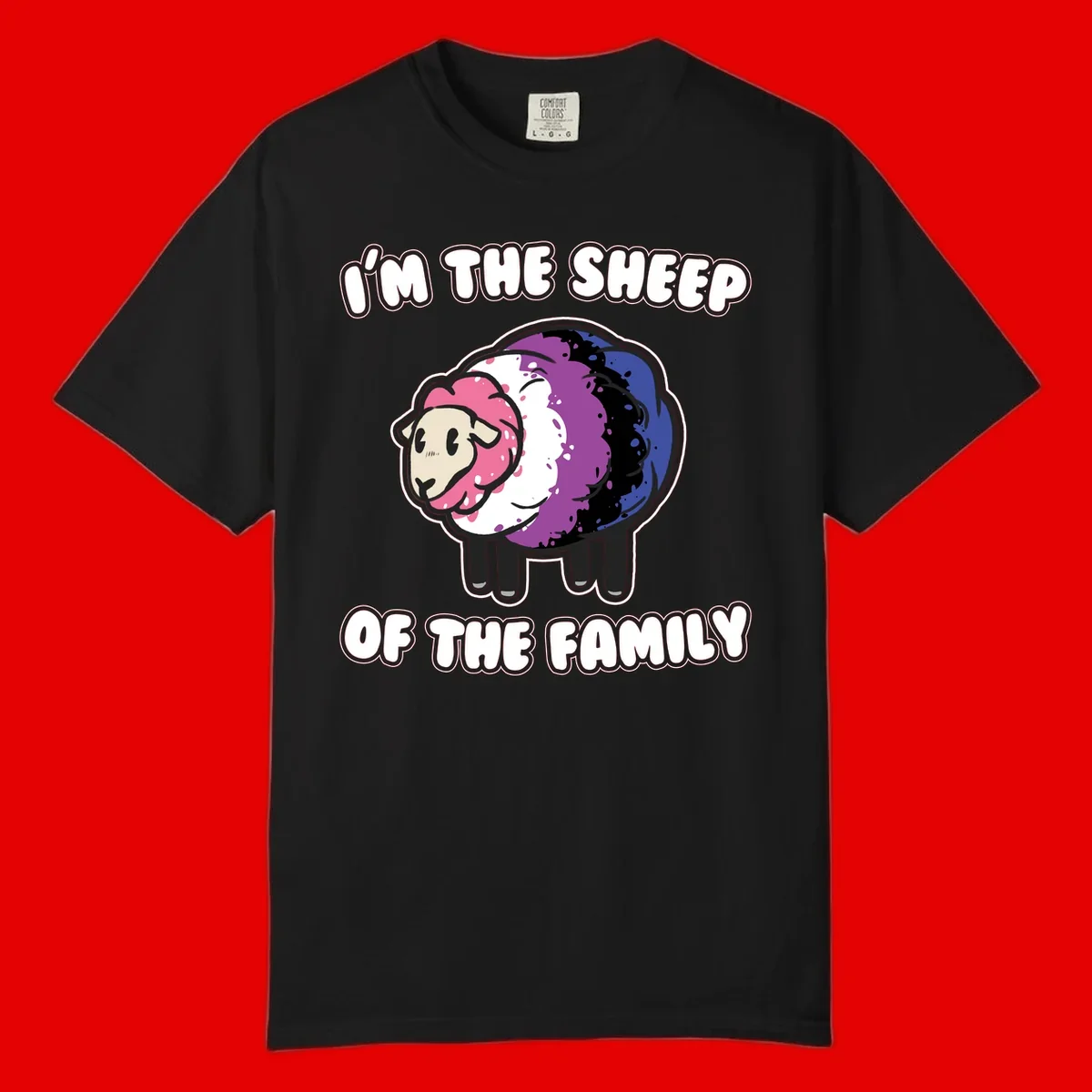 Colorful cartoon sheep with rainbow wool in pink, purple, blue, white and black, with text 'I'm the sheep of the family' celebrating pride and individuality
