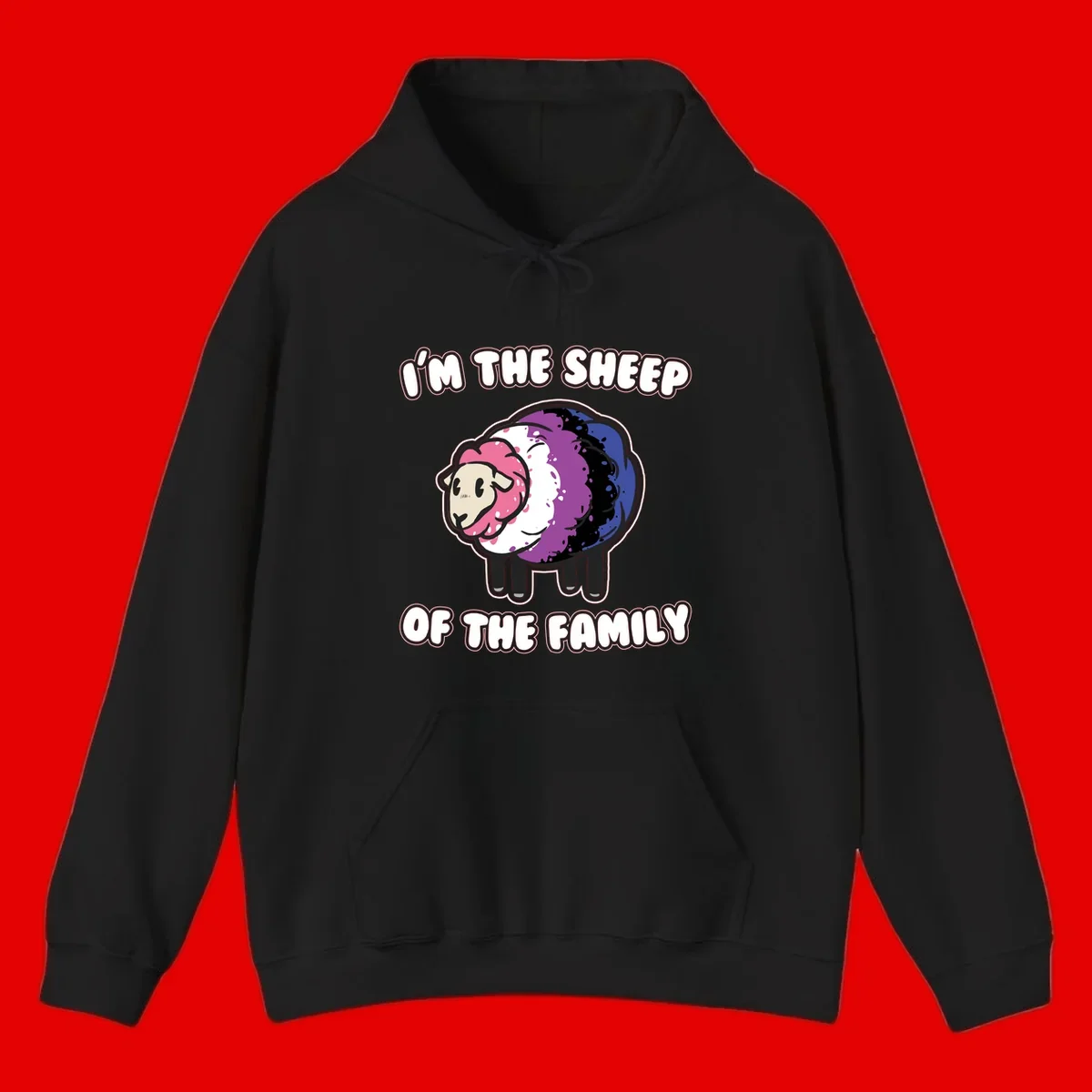 Colorful cartoon sheep with rainbow wool in pink, purple, blue, white and black, with text 'I'm the sheep of the family' celebrating pride and individuality