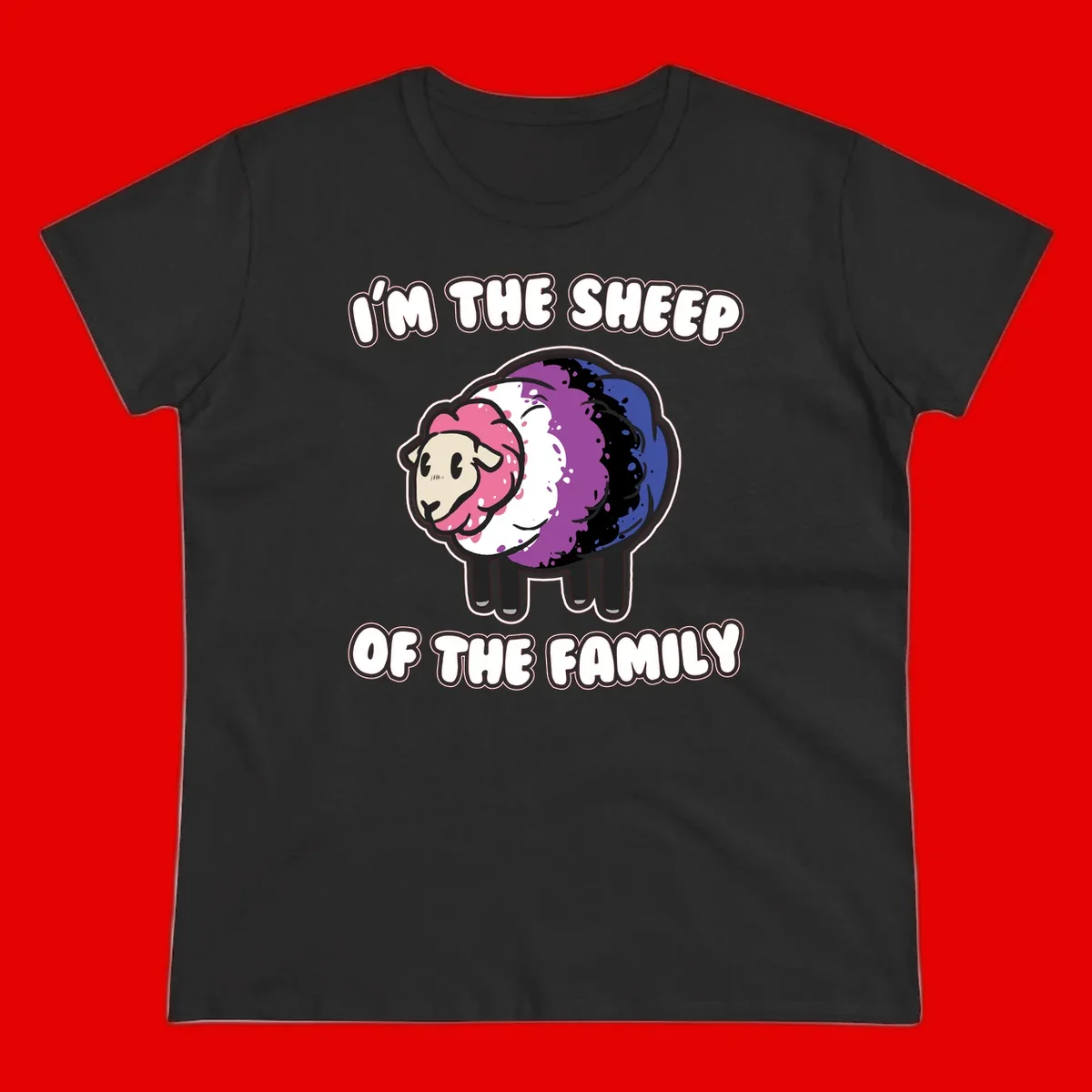 Colorful cartoon sheep with rainbow wool in pink, purple, blue, white and black, with text 'I'm the sheep of the family' celebrating pride and individuality