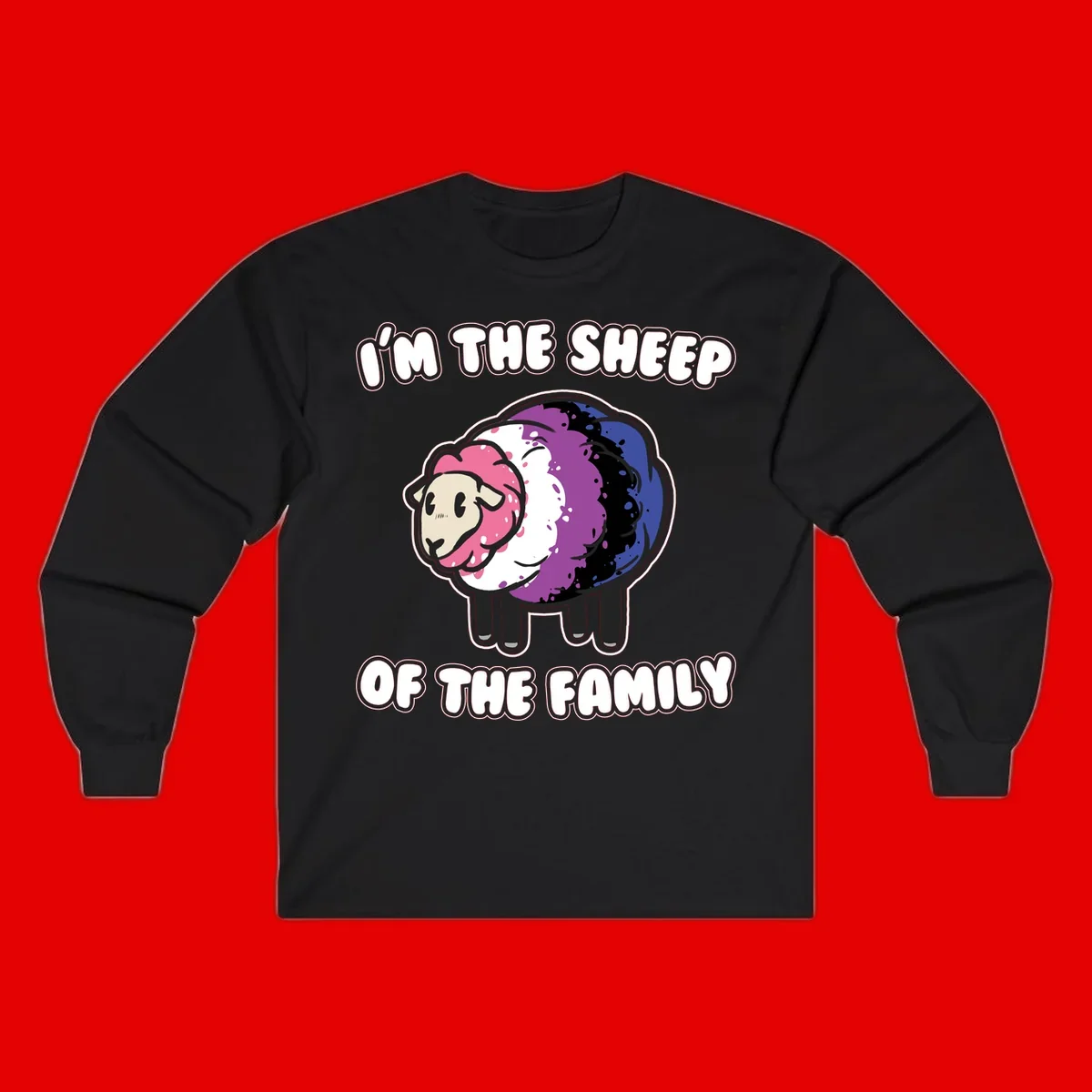Colorful cartoon sheep with rainbow wool in pink, purple, blue, white and black, with text 'I'm the sheep of the family' celebrating pride and individuality