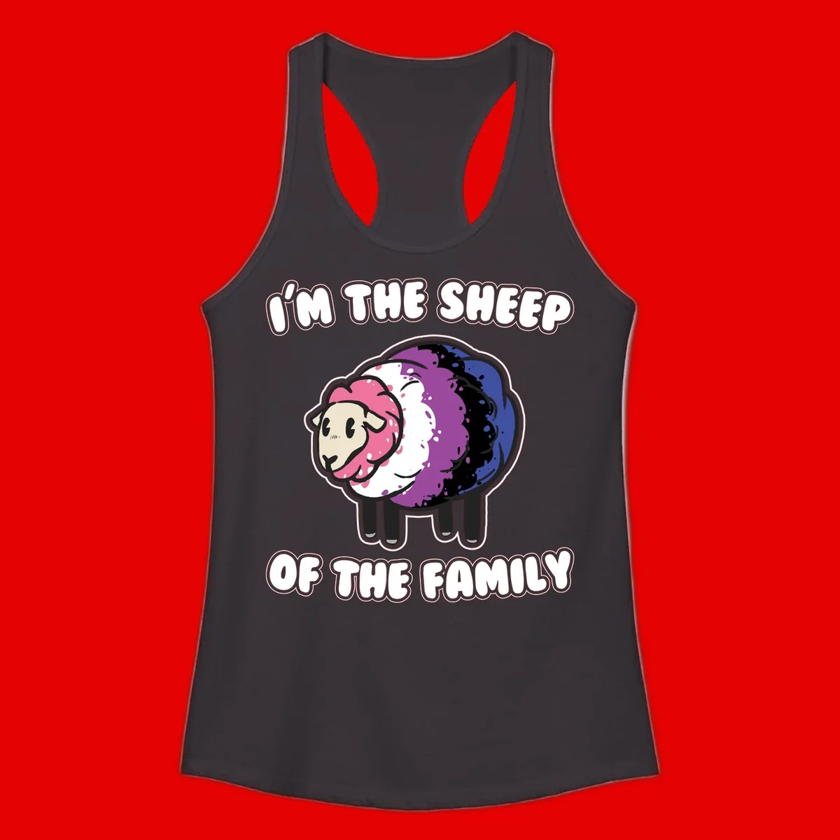 Colorful cartoon sheep with rainbow wool in pink, purple, blue, white and black, with text 'I'm the sheep of the family' celebrating pride and individuality