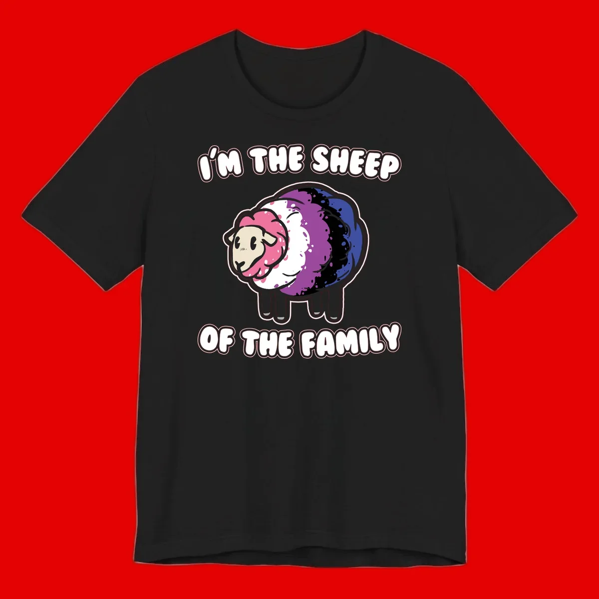 Colorful cartoon sheep with rainbow wool in pink, purple, blue, white and black, with text 'I'm the sheep of the family' celebrating pride and individuality