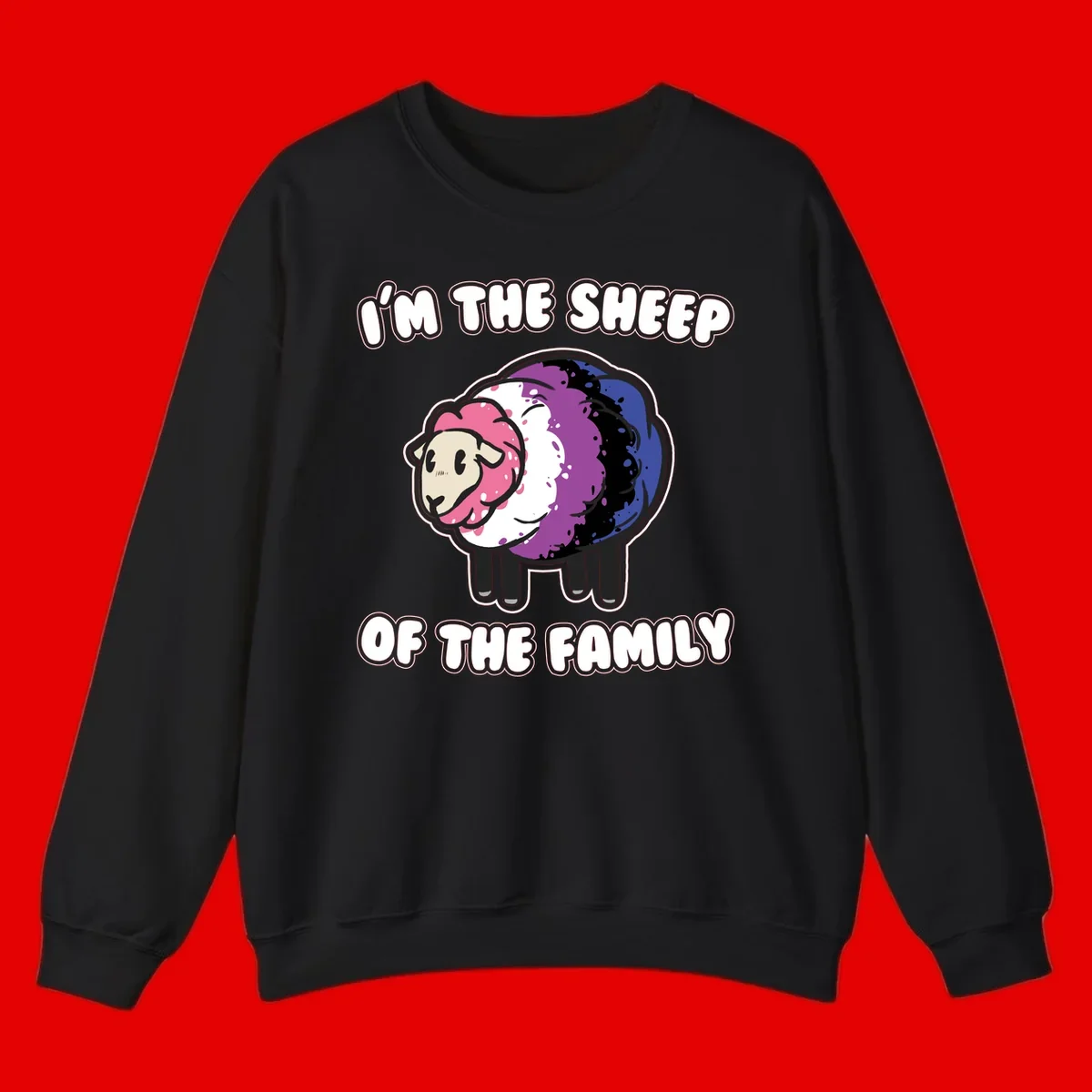 Colorful cartoon sheep with rainbow wool in pink, purple, blue, white and black, with text 'I'm the sheep of the family' celebrating pride and individuality