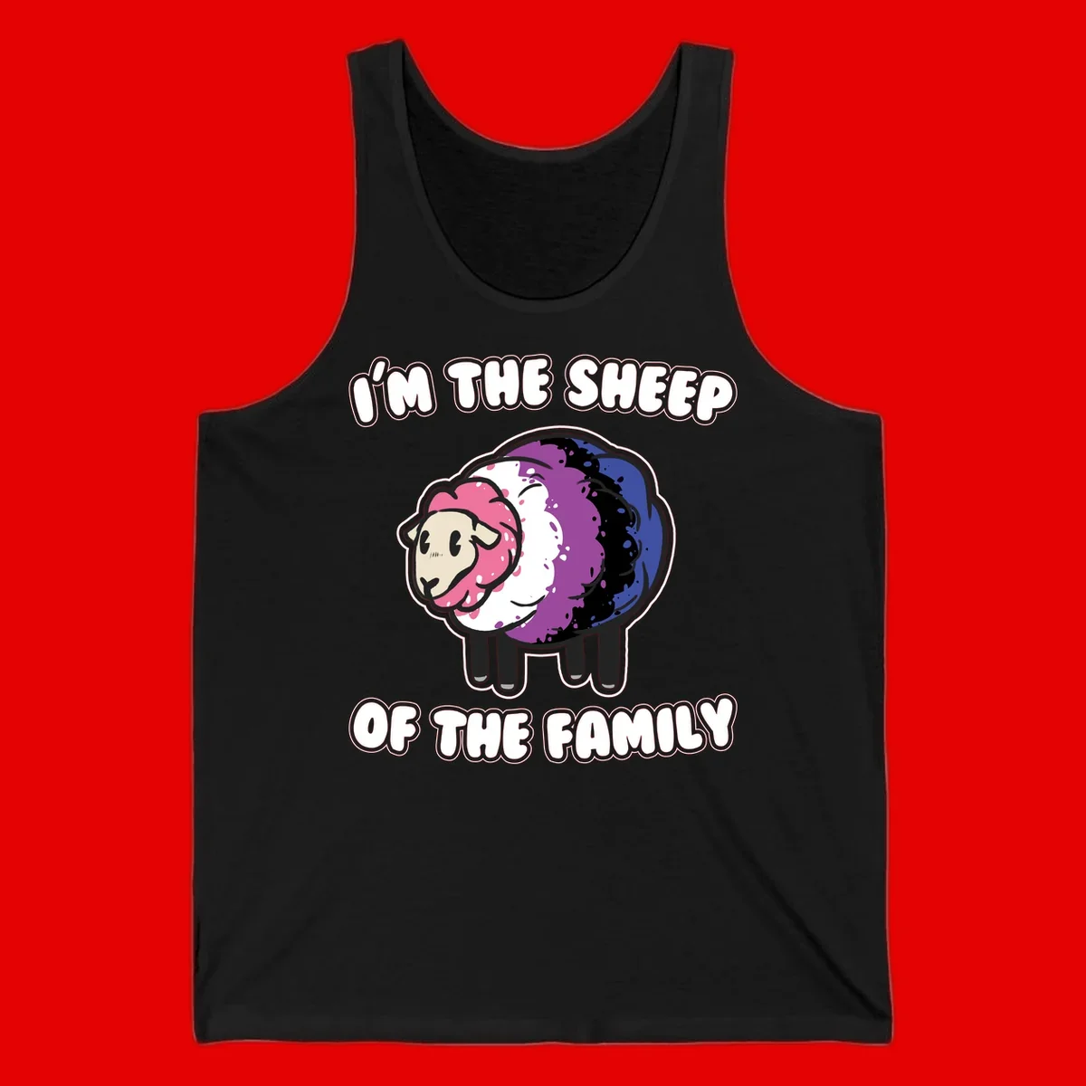 Colorful cartoon sheep with rainbow wool in pink, purple, blue, white and black, with text 'I'm the sheep of the family' celebrating pride and individuality