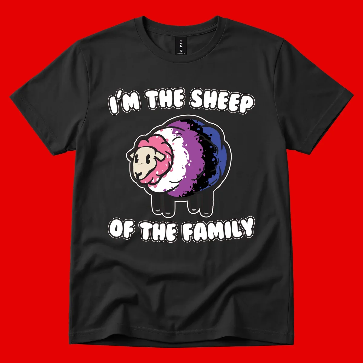 Colorful cartoon sheep with rainbow wool in pink, purple, blue, white and black, with text 'I'm the sheep of the family' celebrating pride and individuality