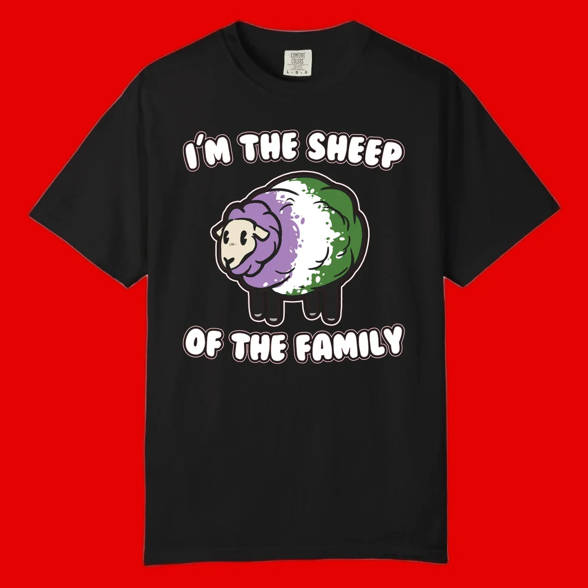 Cartoon sheep with purple, white, and green wool displaying 'I'm The Sheep Of The Family' text design