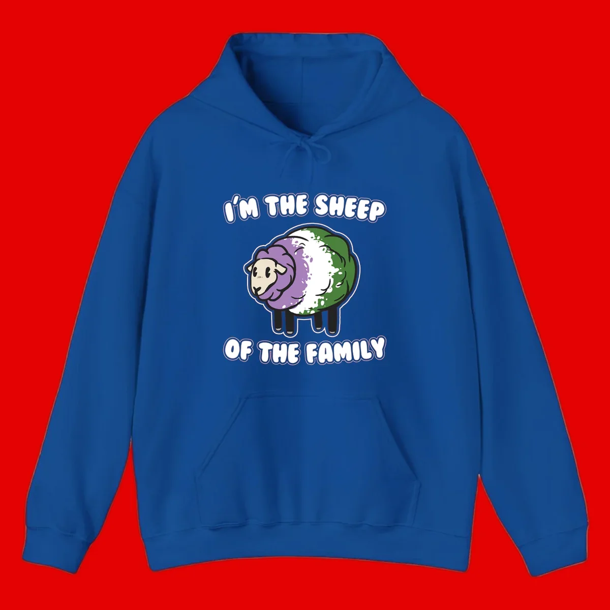 Cartoon sheep with purple, white, and green wool displaying 'I'm The Sheep Of The Family' text design