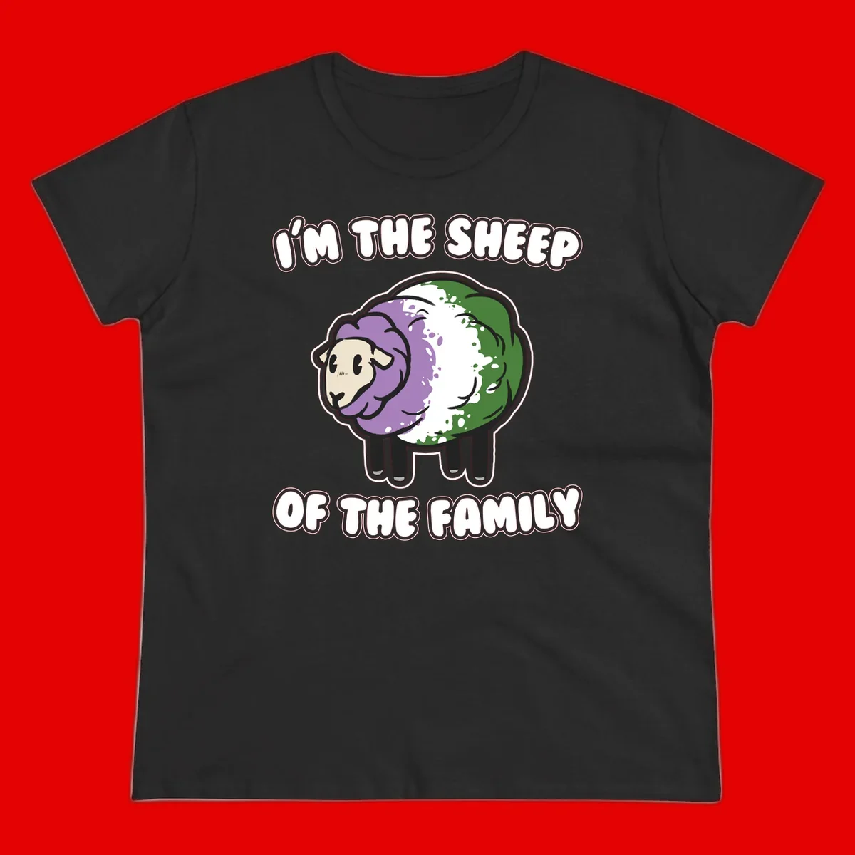 Cartoon sheep with purple, white, and green wool displaying 'I'm The Sheep Of The Family' text design