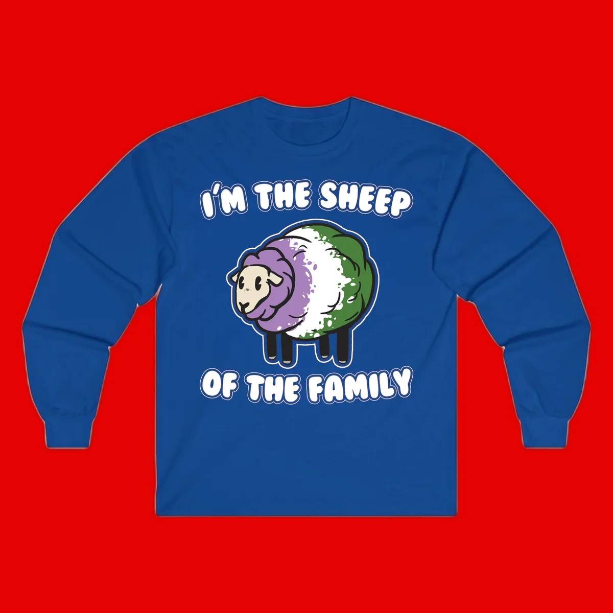 Cartoon sheep with purple, white, and green wool displaying 'I'm The Sheep Of The Family' text design