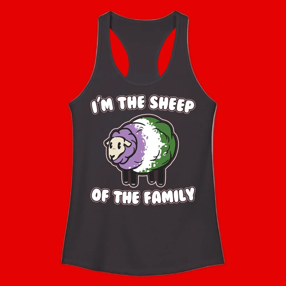 Cartoon sheep with purple, white, and green wool displaying 'I'm The Sheep Of The Family' text design