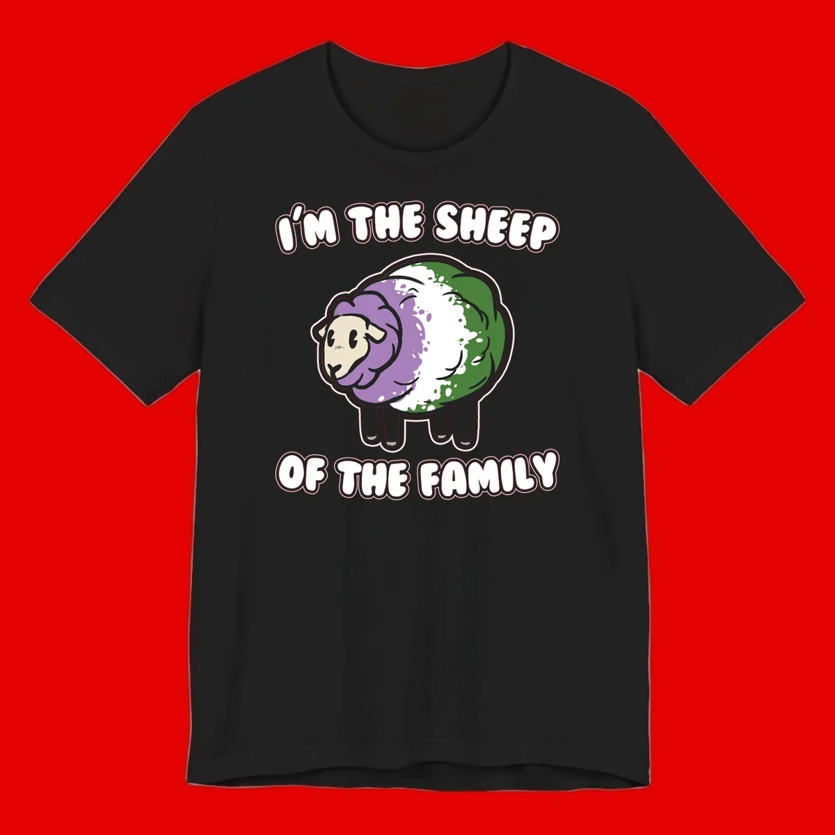 Cartoon sheep with purple, white, and green wool displaying 'I'm The Sheep Of The Family' text design