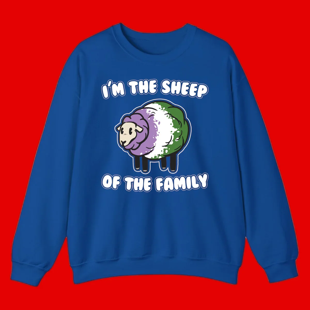 Cartoon sheep with purple, white, and green wool displaying 'I'm The Sheep Of The Family' text design