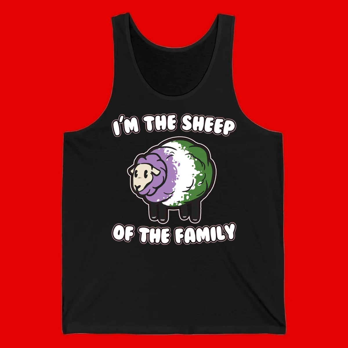 Cartoon sheep with purple, white, and green wool displaying 'I'm The Sheep Of The Family' text design