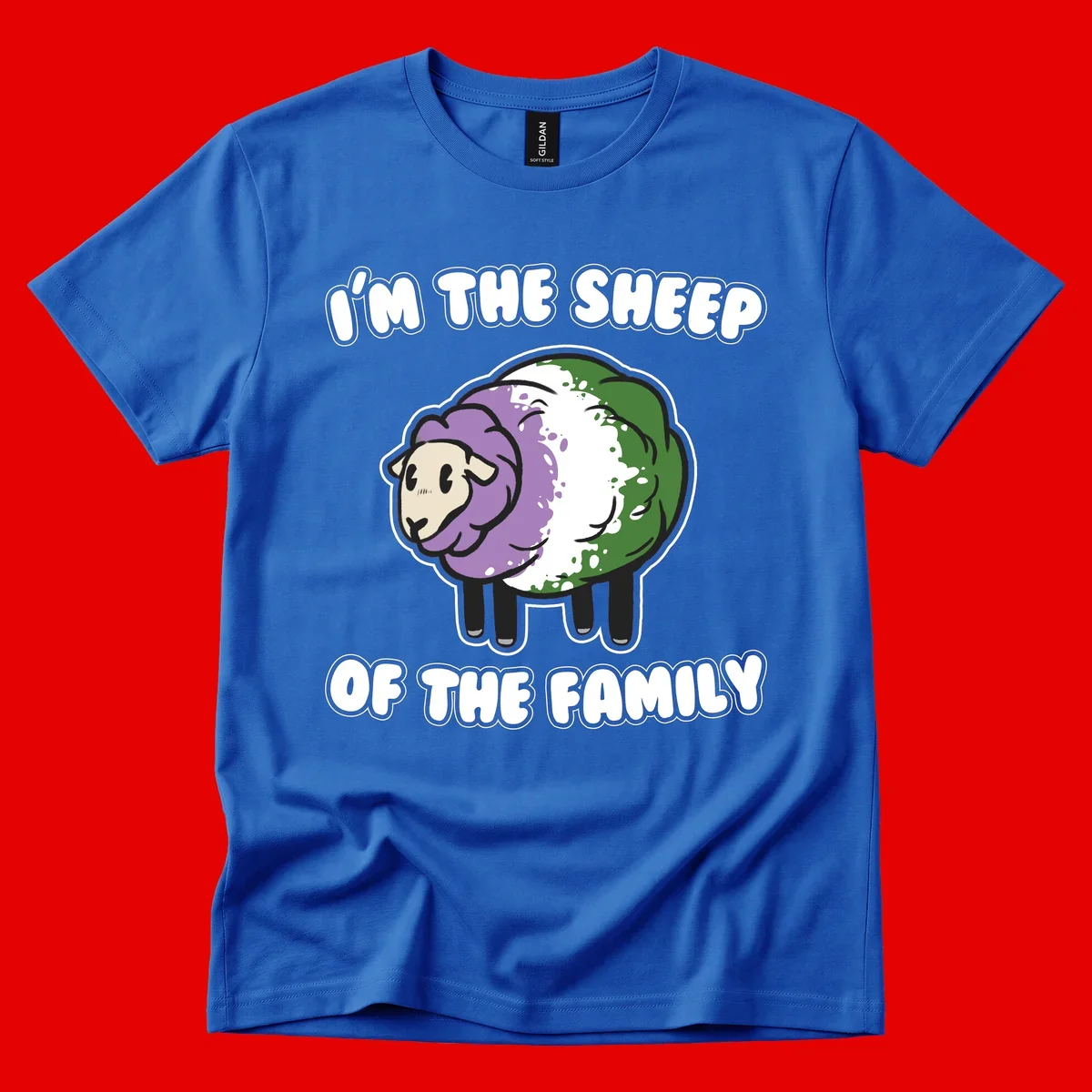Cartoon sheep with purple, white, and green wool displaying 'I'm The Sheep Of The Family' text design