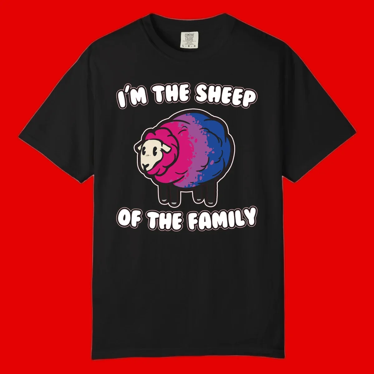 Colorful cartoon sheep with gradient pink, purple, and blue wool, text reads 'I'm the sheep of the family'