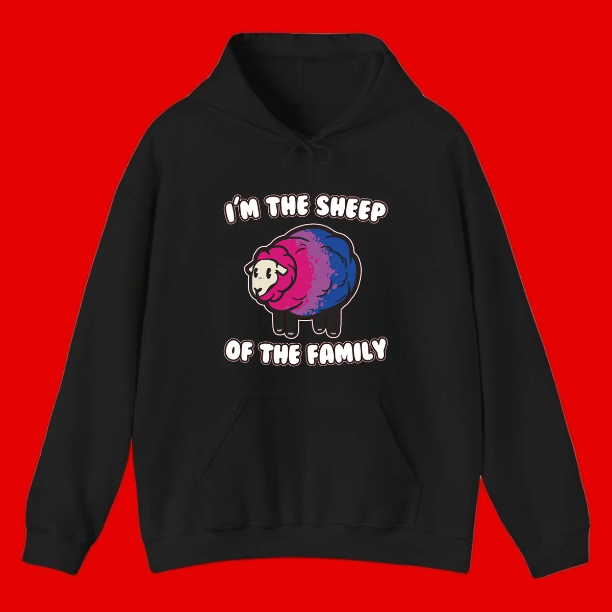 Colorful cartoon sheep with gradient pink, purple, and blue wool, text reads 'I'm the sheep of the family'